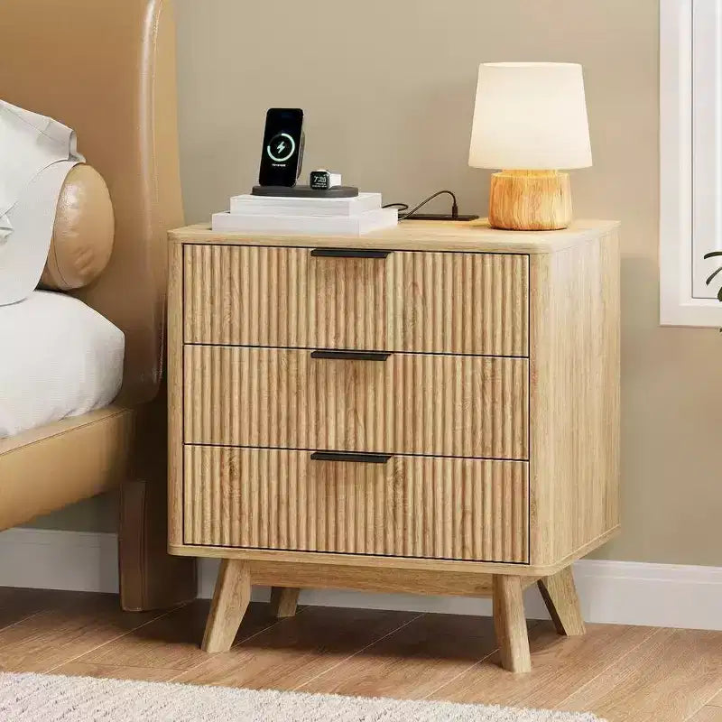 Set of 2 24 Fluted Nightstands, Wide Natural Bedside Table with Charging Station, 3 Large Storage Drawers & Metal Handle for Bedroom & Living Room