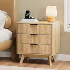 Set of 2 24 Fluted Nightstands, Wide Natural Bedside Table with Charging Station, 3 Large Storage Drawers & Metal Handle for Bedroom & Living Room