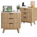 Set of 2 24 Fluted Nightstands, Wide Natural Bedside Table with Charging Station, 3 Large Storage Drawers & Metal Handle for Bedroom & Living Room
