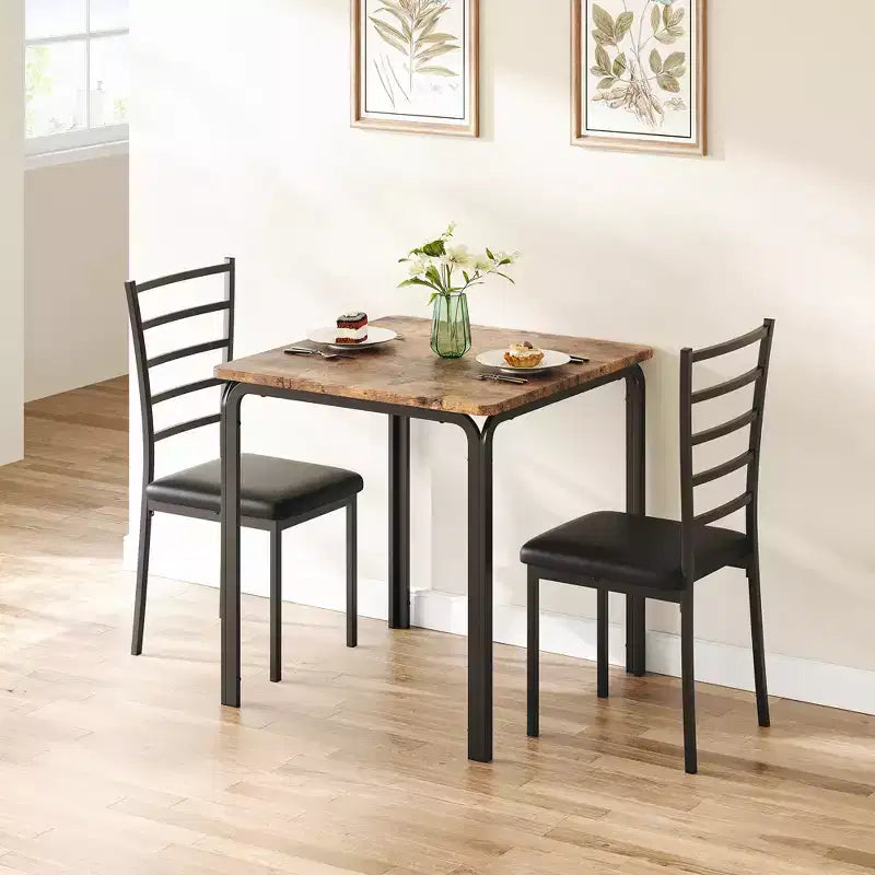 Dining Tables for 2, Kitchen Table and Chairs, Square Dining Table with 2 Metal and Wood Chairs, for Small Spaces, Apartment
