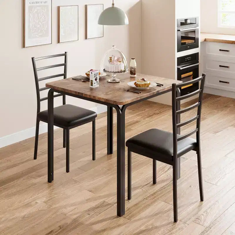 Dining Tables for 2, Kitchen Table and Chairs, Square Dining Table with 2 Metal and Wood Chairs, for Small Spaces, Apartment