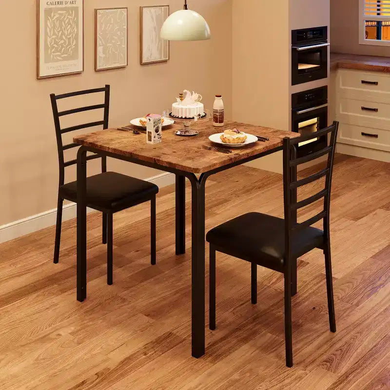 Dining Tables for 2, Kitchen Table and Chairs, Square Dining Table with 2 Metal and Wood Chairs, for Small Spaces, Apartment