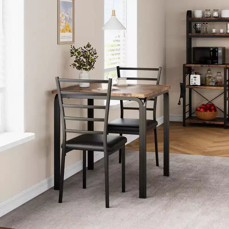 Dining Tables for 2, Kitchen Table and Chairs, Square Dining Table with 2 Metal and Wood Chairs, for Small Spaces, Apartment