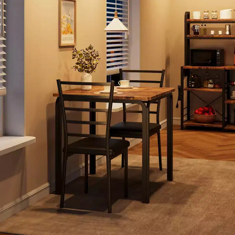 Dining Tables for 2, Kitchen Table and Chairs, Square Dining Table with 2 Metal and Wood Chairs, for Small Spaces, Apartment