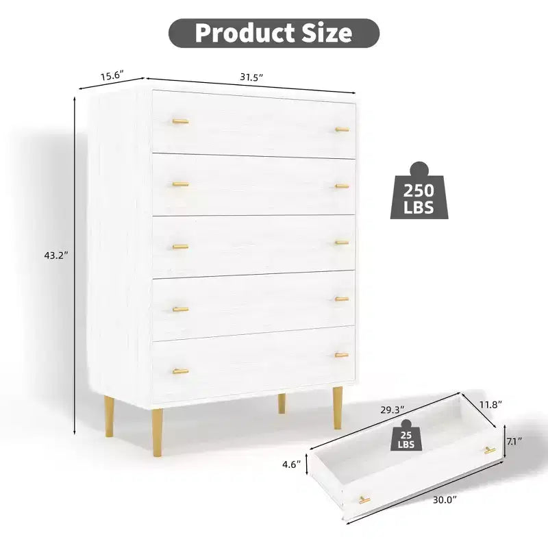 5 Drawers Dresser for Bedroom, 44 Tall Wood Rustic Chest of Drawers with Bar Handles, Vintage Storage Organizer for Bedroom & Living Room