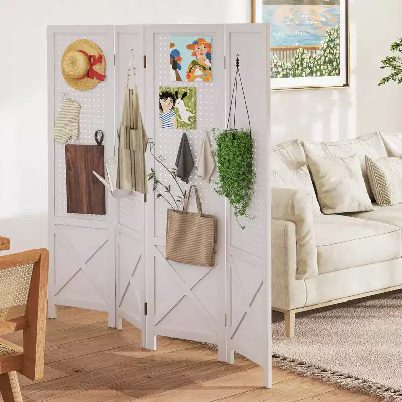 Costway 4-Panel Pegboard Display Stand, 4.7 FT Folding Room Divider, Freestanding Screen White/Natural