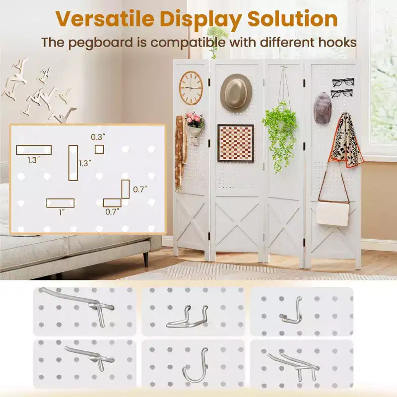 Costway 4-Panel Pegboard Display Stand, 4.7 FT Folding Room Divider, Freestanding Screen White/Natural