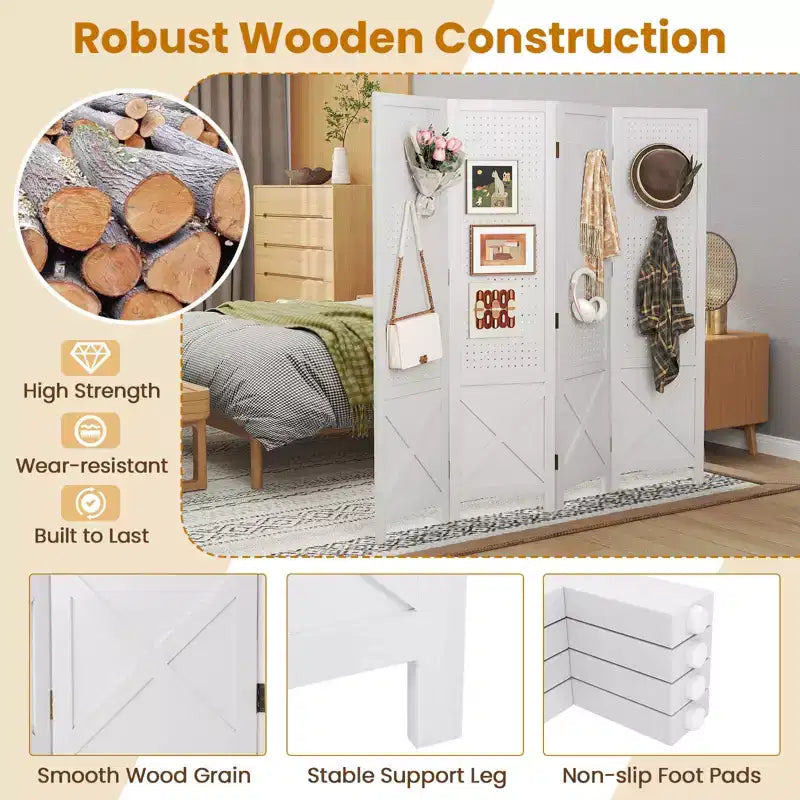 Costway 4-Panel Pegboard Display Stand, 4.7 FT Folding Room Divider, Freestanding Screen White/Natural