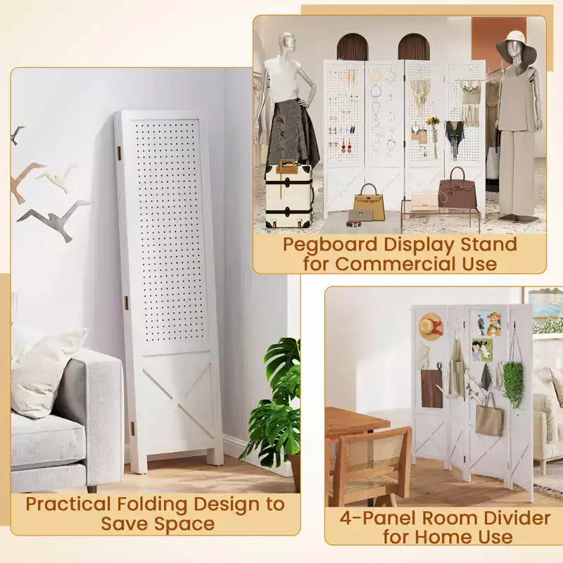 Costway 4-Panel Pegboard Display Stand, 4.7 FT Folding Room Divider, Freestanding Screen White/Natural