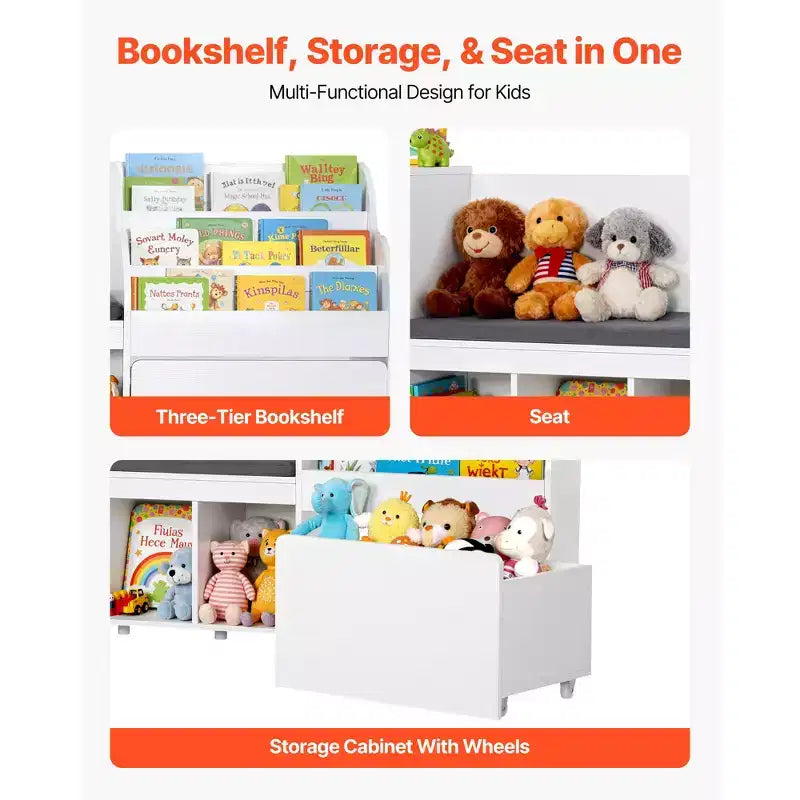 VEVOR Kids Reading Nook, Wooden Storage Bench with Backrest, Kids Bookshelf & Toy Organizer, Large Toy Box Chest for Playroom, Living Room, White