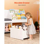 VEVOR Kids Reading Nook, Wooden Storage Bench with Backrest, Kids Bookshelf & Toy Organizer, Large Toy Box Chest for Playroom, Living Room, White