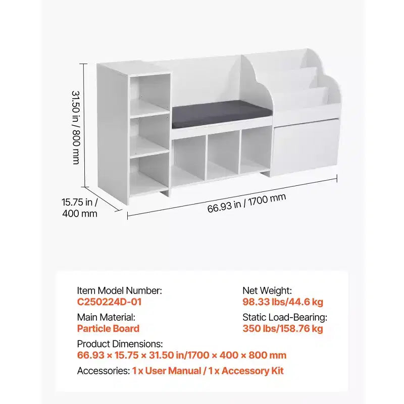 VEVOR Kids Reading Nook, Wooden Storage Bench with Backrest, Kids Bookshelf & Toy Organizer, Large Toy Box Chest for Playroom, Living Room, White