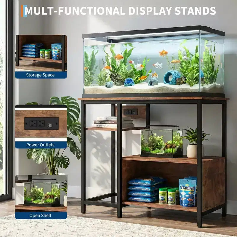 Heavy Duty 40-50 Gallon Aquarium Stand with Power Outlets, Metal & Wood Fish Tank Stand with 4-Tier Open Shelves, for Turtle & Reptile Terrarium