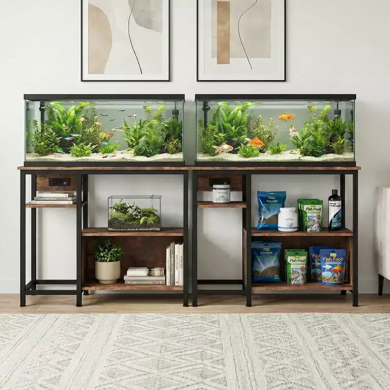 Heavy Duty 40-50 Gallon Aquarium Stand with Power Outlets, Metal & Wood Fish Tank Stand with 4-Tier Open Shelves, for Turtle & Reptile Terrarium
