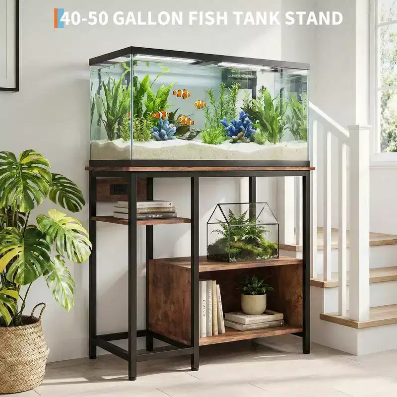 Heavy Duty 40-50 Gallon Aquarium Stand with Power Outlets, Metal & Wood Fish Tank Stand with 4-Tier Open Shelves, for Turtle & Reptile Terrarium