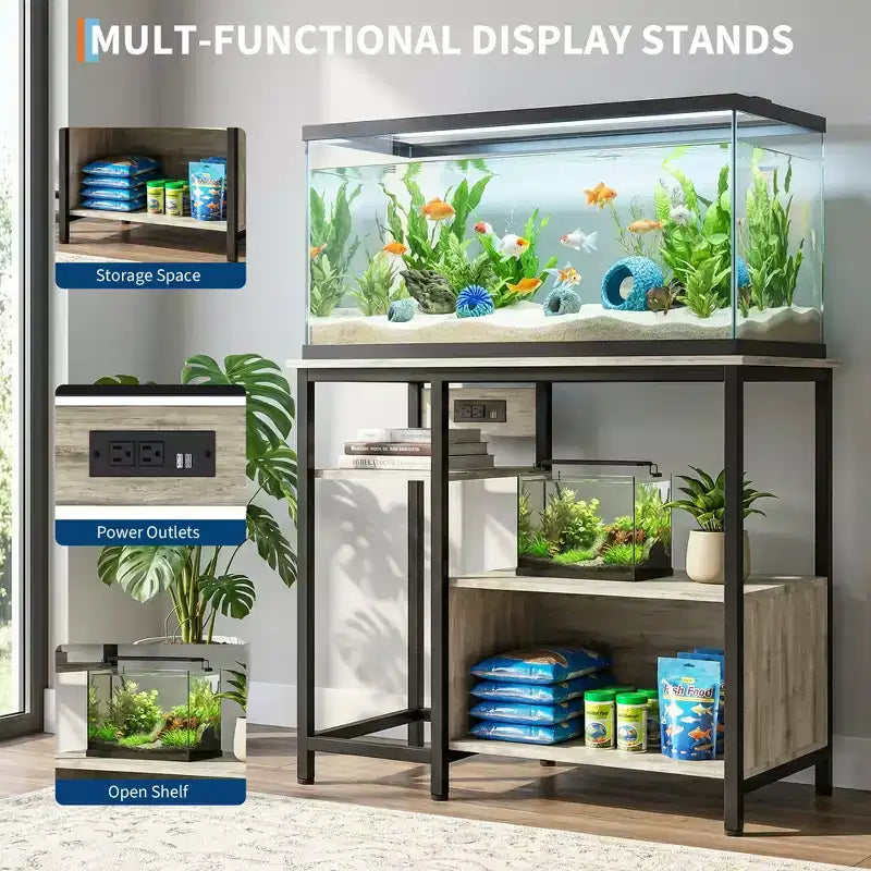 Heavy Duty 40-50 Gallon Aquarium Stand with Power Outlets, Metal & Wood Fish Tank Stand with 4-Tier Open Shelves, for Turtle & Reptile Terrarium