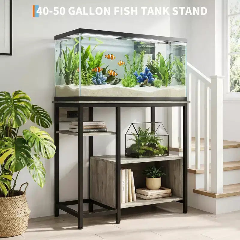 Heavy Duty 40-50 Gallon Aquarium Stand with Power Outlets, Metal & Wood Fish Tank Stand with 4-Tier Open Shelves, for Turtle & Reptile Terrarium