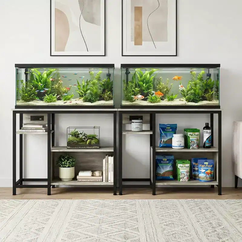 Heavy Duty 40-50 Gallon Aquarium Stand with Power Outlets, Metal & Wood Fish Tank Stand with 4-Tier Open Shelves, for Turtle & Reptile Terrarium