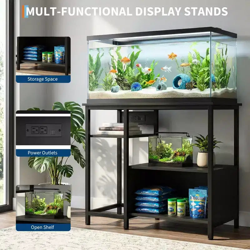 Heavy Duty 40-50 Gallon Aquarium Stand with Power Outlets, Metal & Wood Fish Tank Stand with 4-Tier Open Shelves, for Turtle & Reptile Terrarium