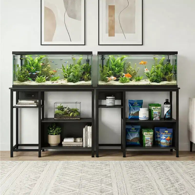 Heavy Duty 40-50 Gallon Aquarium Stand with Power Outlets, Metal & Wood Fish Tank Stand with 4-Tier Open Shelves, for Turtle & Reptile Terrarium