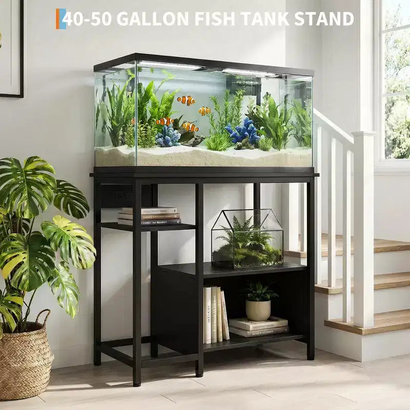 Heavy Duty 40-50 Gallon Aquarium Stand with Power Outlets, Metal & Wood Fish Tank Stand with 4-Tier Open Shelves, for Turtle & Reptile Terrarium