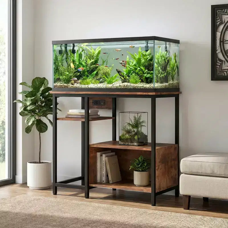 Heavy Duty 40-50 Gallon Aquarium Stand with Power Outlets, Metal & Wood Fish Tank Stand with 4-Tier Open Shelves, for Turtle & Reptile Terrarium