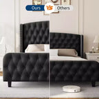 Platform Bed Frame with 51'' Tall Deep Button Tufted Suede Wingback Headboard & Footboard  Nailhead Trim, Sturdy Wood Slats,Noise-Free,No Box Needed