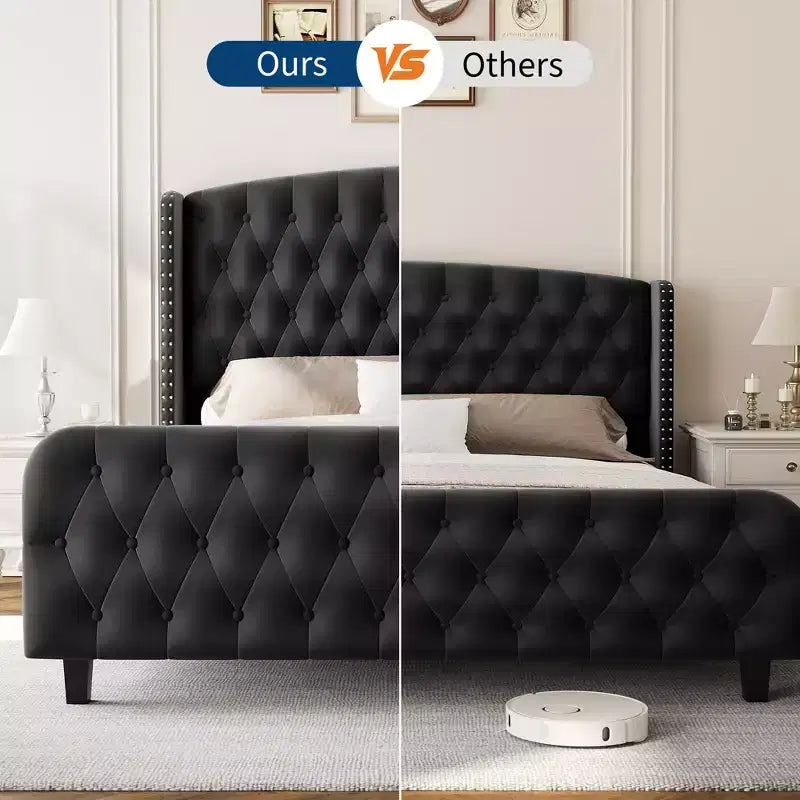 Platform Bed Frame with 51'' Tall Deep Button Tufted Suede Wingback Headboard & Footboard  Nailhead Trim, Sturdy Wood Slats,Noise-Free,No Box Needed