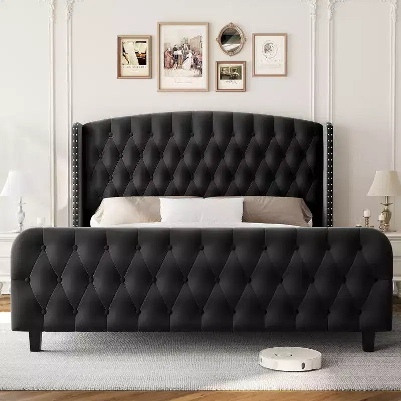 Platform Bed Frame with 51'' Tall Deep Button Tufted Suede Wingback Headboard & Footboard  Nailhead Trim, Sturdy Wood Slats,Noise-Free,No Box Needed