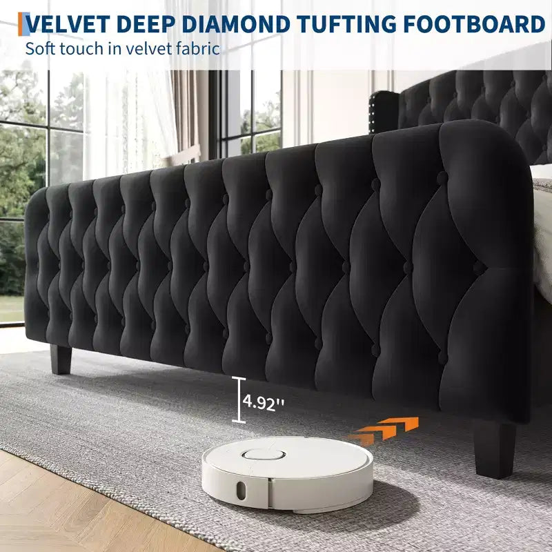 Platform Bed Frame with 51'' Tall Deep Button Tufted Suede Wingback Headboard & Footboard  Nailhead Trim, Sturdy Wood Slats,Noise-Free,No Box Needed