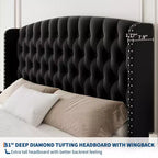 Platform Bed Frame with 51'' Tall Deep Button Tufted Suede Wingback Headboard & Footboard  Nailhead Trim, Sturdy Wood Slats,Noise-Free,No Box Needed