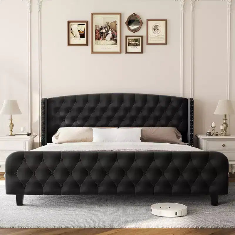 Platform Bed Frame with 51'' Tall Deep Button Tufted Suede Wingback Headboard & Footboard  Nailhead Trim, Sturdy Wood Slats,Noise-Free,No Box Needed