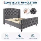 Platform Bed Frame with 51'' Tall Deep Button Tufted Suede Wingback Headboard & Footboard  Nailhead Trim, Sturdy Wood Slats,Noise-Free,No Box Needed