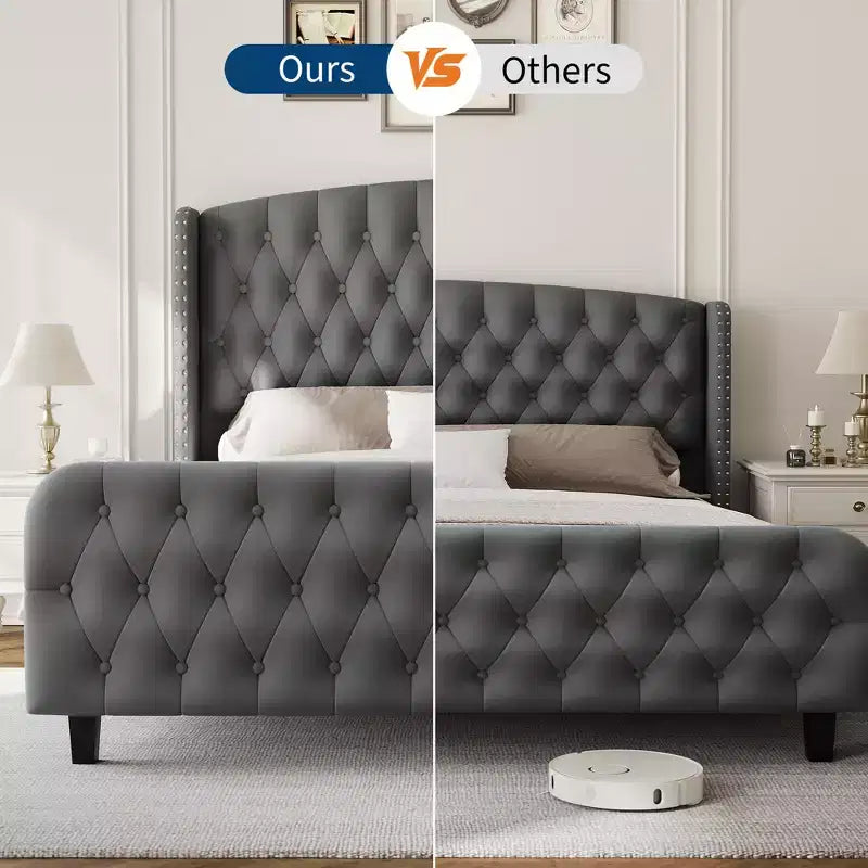 Platform Bed Frame with 51'' Tall Deep Button Tufted Suede Wingback Headboard & Footboard  Nailhead Trim, Sturdy Wood Slats,Noise-Free,No Box Needed