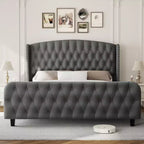 Platform Bed Frame with 51'' Tall Deep Button Tufted Suede Wingback Headboard & Footboard  Nailhead Trim, Sturdy Wood Slats,Noise-Free,No Box Needed
