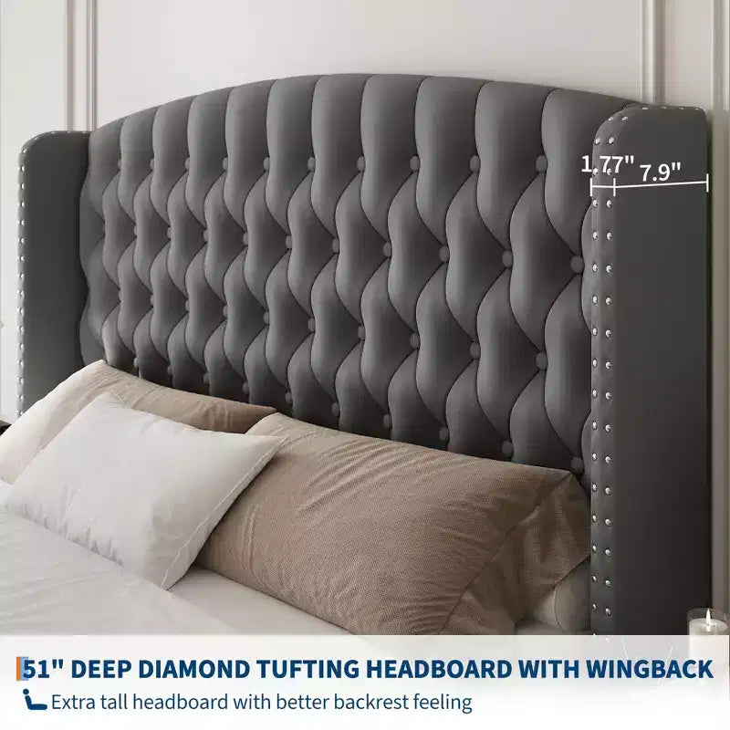 Platform Bed Frame with 51'' Tall Deep Button Tufted Suede Wingback Headboard & Footboard  Nailhead Trim, Sturdy Wood Slats,Noise-Free,No Box Needed