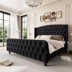 Platform Bed Frame with 51'' Tall Deep Button Tufted Suede Wingback Headboard & Footboard  Nailhead Trim, Sturdy Wood Slats,Noise-Free,No Box Needed