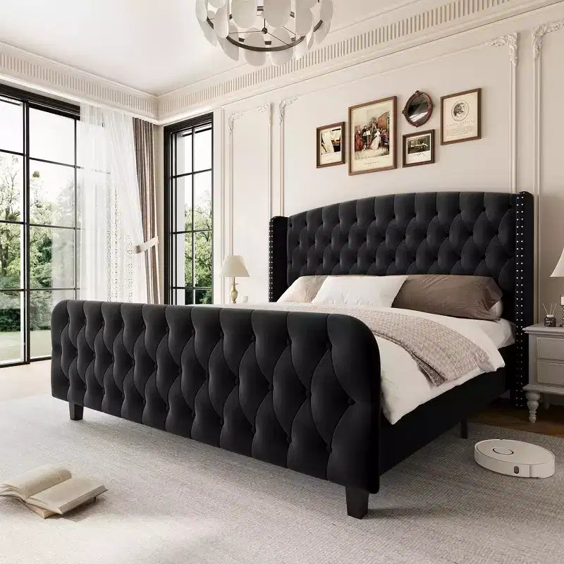 Platform Bed Frame with 51'' Tall Deep Button Tufted Suede Wingback Headboard & Footboard  Nailhead Trim, Sturdy Wood Slats,Noise-Free,No Box Needed