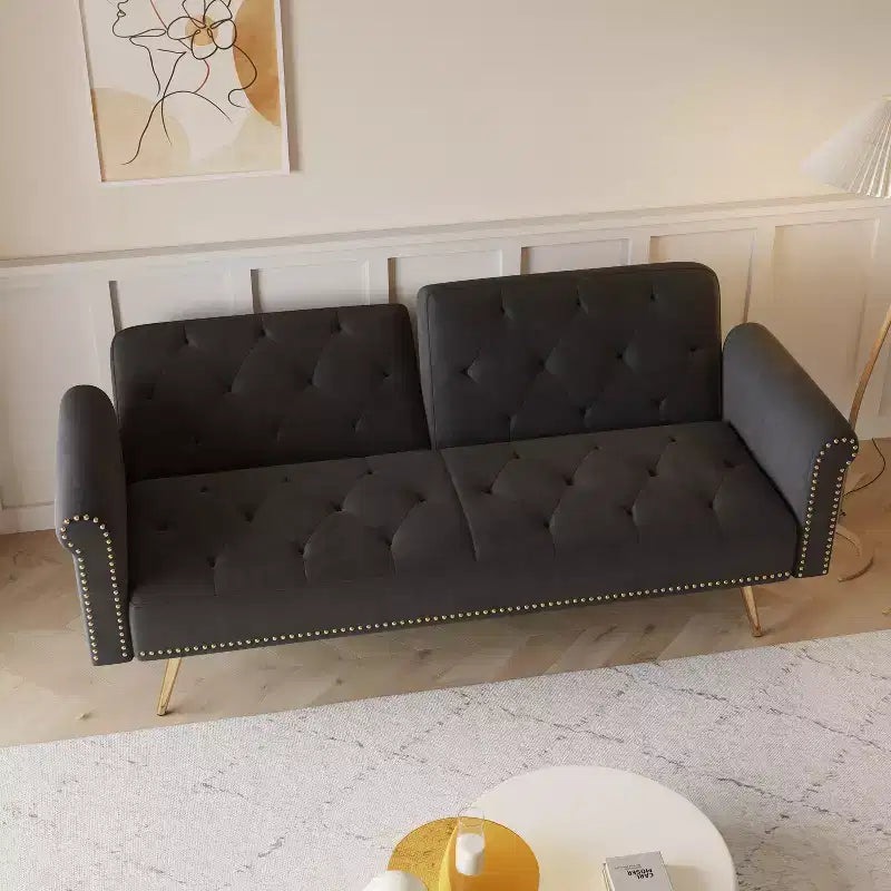 GDFStudio Ubon Modern 70 Wooden Velvet Upholstered Sofa Bed with Nail Head Trim and Throw Pillow