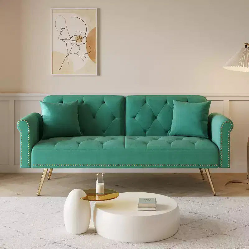 GDFStudio Ubon Modern 70 Wooden Velvet Upholstered Sofa Bed with Nail Head Trim and Throw Pillow