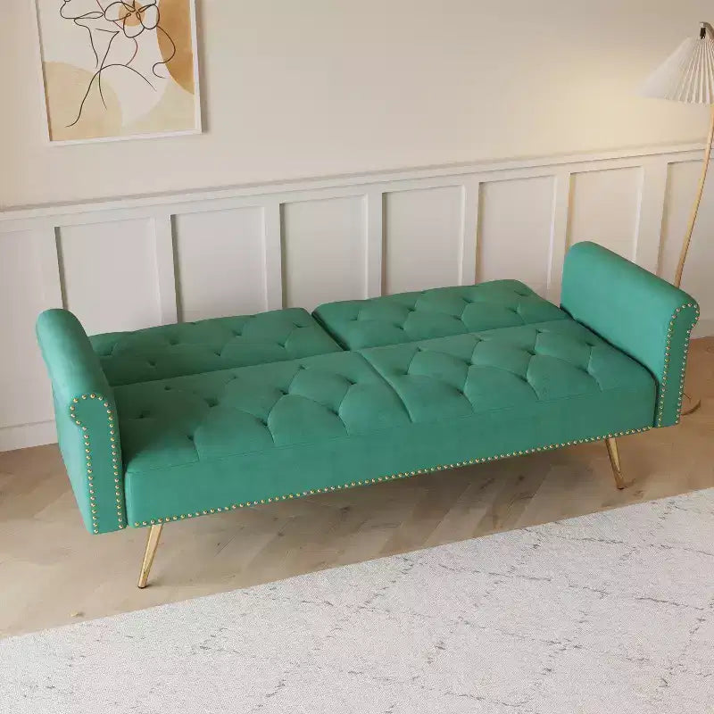GDFStudio Ubon Modern 70 Wooden Velvet Upholstered Sofa Bed with Nail Head Trim and Throw Pillow