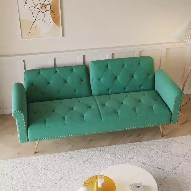 GDFStudio Ubon Modern 70 Wooden Velvet Upholstered Sofa Bed with Nail Head Trim and Throw Pillow