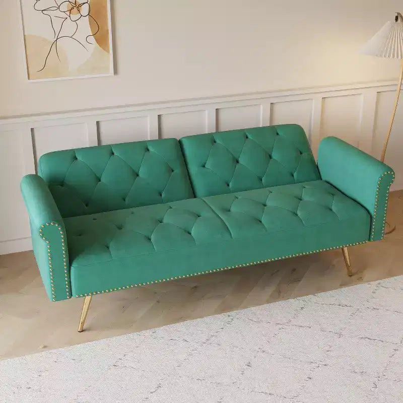 GDFStudio Ubon Modern 70 Wooden Velvet Upholstered Sofa Bed with Nail Head Trim and Throw Pillow