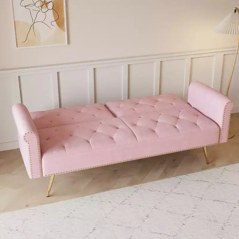 GDFStudio Ubon Modern 70 Wooden Velvet Upholstered Sofa Bed with Nail Head Trim and Throw Pillow