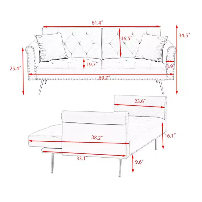 GDFStudio Ubon Modern 70 Wooden Velvet Upholstered Sofa Bed with Nail Head Trim and Throw Pillow