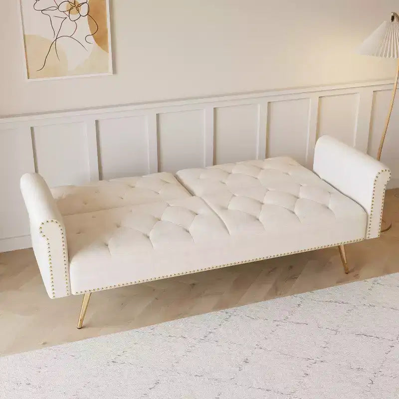 GDFStudio Ubon Modern 70 Wooden Velvet Upholstered Sofa Bed with Nail Head Trim and Throw Pillow