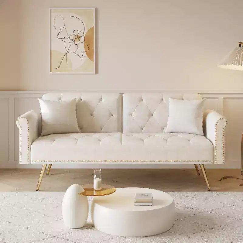GDFStudio Ubon Modern 70 Wooden Velvet Upholstered Sofa Bed with Nail Head Trim and Throw Pillow