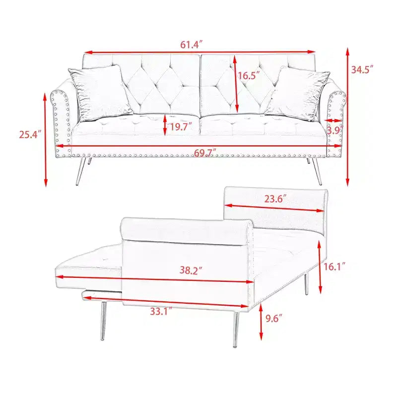 GDFStudio Ubon Modern 70 Wooden Velvet Upholstered Sofa Bed with Nail Head Trim and Throw Pillow