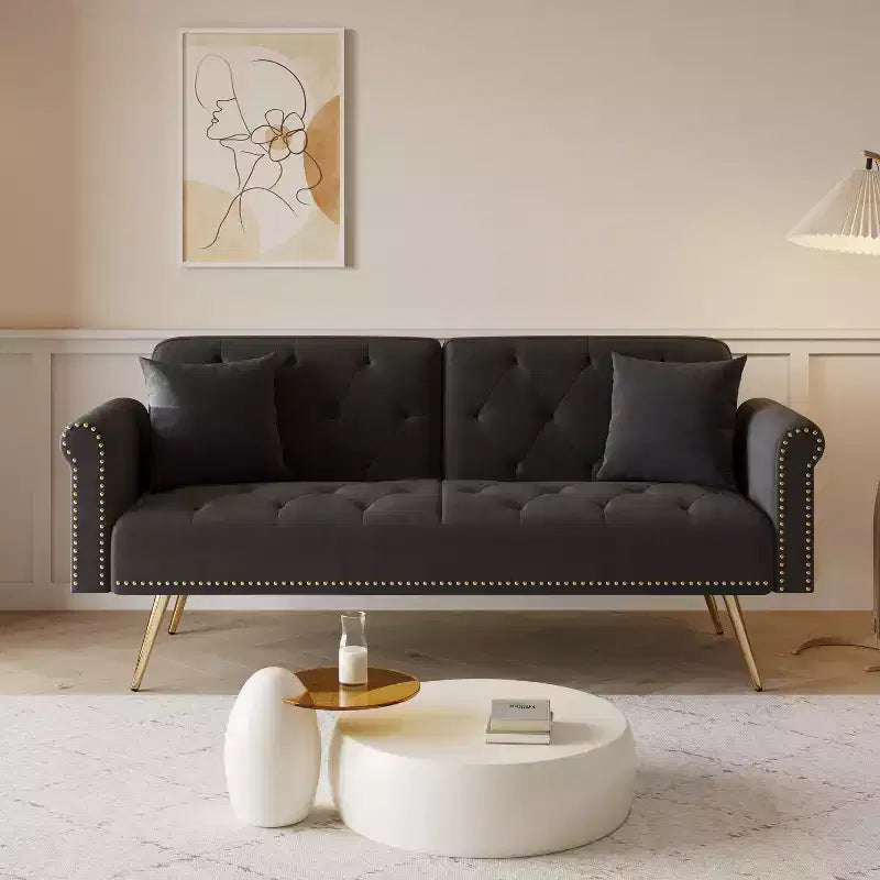 GDFStudio Ubon Modern 70 Wooden Velvet Upholstered Sofa Bed with Nail Head Trim and Throw Pillow