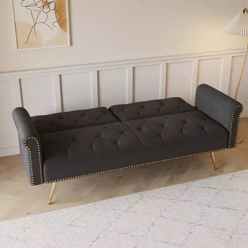 GDFStudio Ubon Modern 70 Wooden Velvet Upholstered Sofa Bed with Nail Head Trim and Throw Pillow